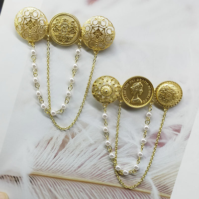 青島銀河記複古金色胸花圓牌浮雕人像珍珠胸針氣質流蘇大衣別針