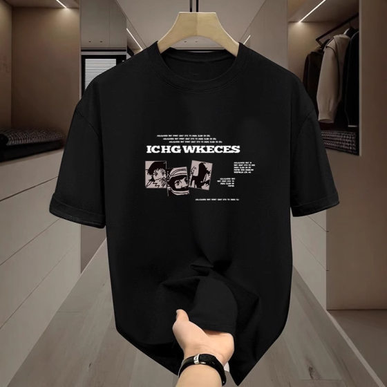 Hong Kong Style Trendy Brand T-shirt Men's Heavy Cotton Short-sleeved Ice-feeling American Style High Street Anime Summer Ice Silk Half-sleeved T-shirt