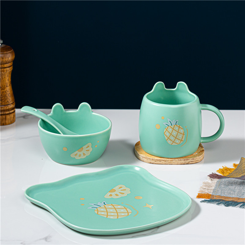 Juego de 4 piezas de vajilla de cerámica con diseño de frutas - Para niños y bebés - Apto para horno - Incluye platos y tazón de sopa