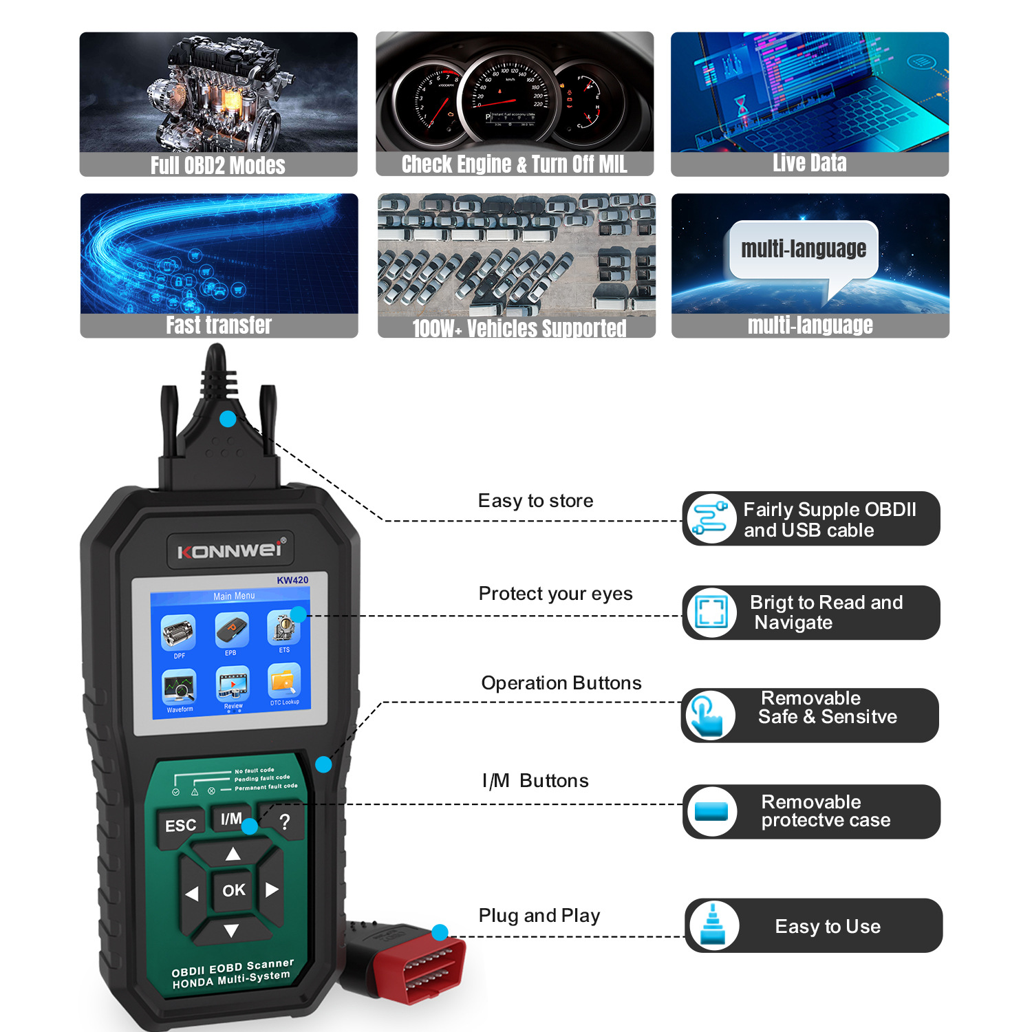 KW912型号25K80方案 5个协议 汽车发动机故障诊断仪汽车检测仪