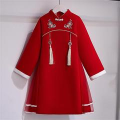 Girls' Autumn/Winter Tang Suit Children's Qipao Skirt Hanfu for Chinese New Year, Thick New Year's Greeting Dress with Chinese Embroidery, Festive Winter Clothing