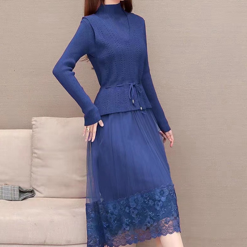 Knitted Dress for Women, Autumn and Winter 2026 New Style, Spring Slim-Fit Two-Piece Set with Lace, Paired with a Coat and a Base Layer Skirt