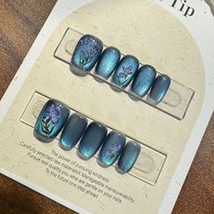 小蘭花深藍色顯白貓眼原創花卉爆閃短款簡約中國風中式可拆卸穿戴