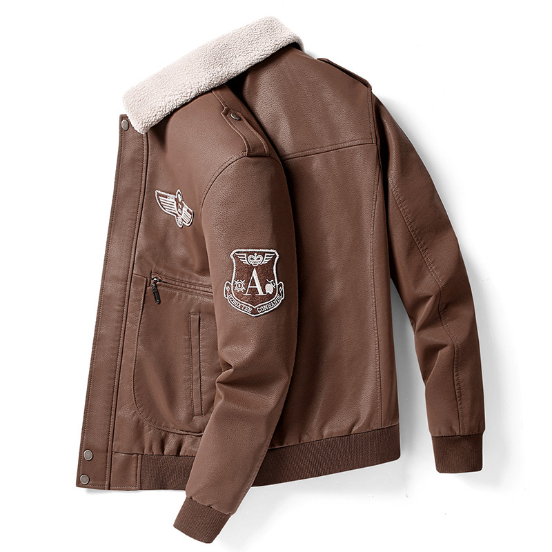 Men's plus size PU pigskin plush collar, pilot motorcycle jacket, men's embroidery and velvet leather jacket_ipsvogv.com