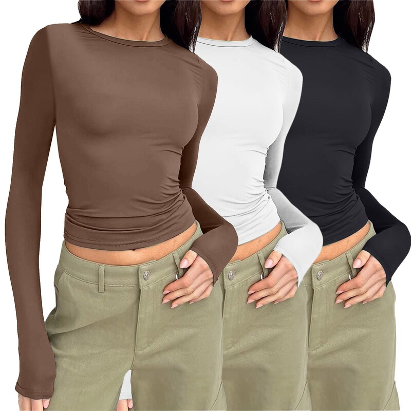 Basic solid-color T-shirt, casual long-sleeved top, women's streetwear, versatile for spring and autumn, slim fit Basic solid-color T-shirt, casual long-sleeved top, women's streetwear, versatile for spring and autumn, slim fit