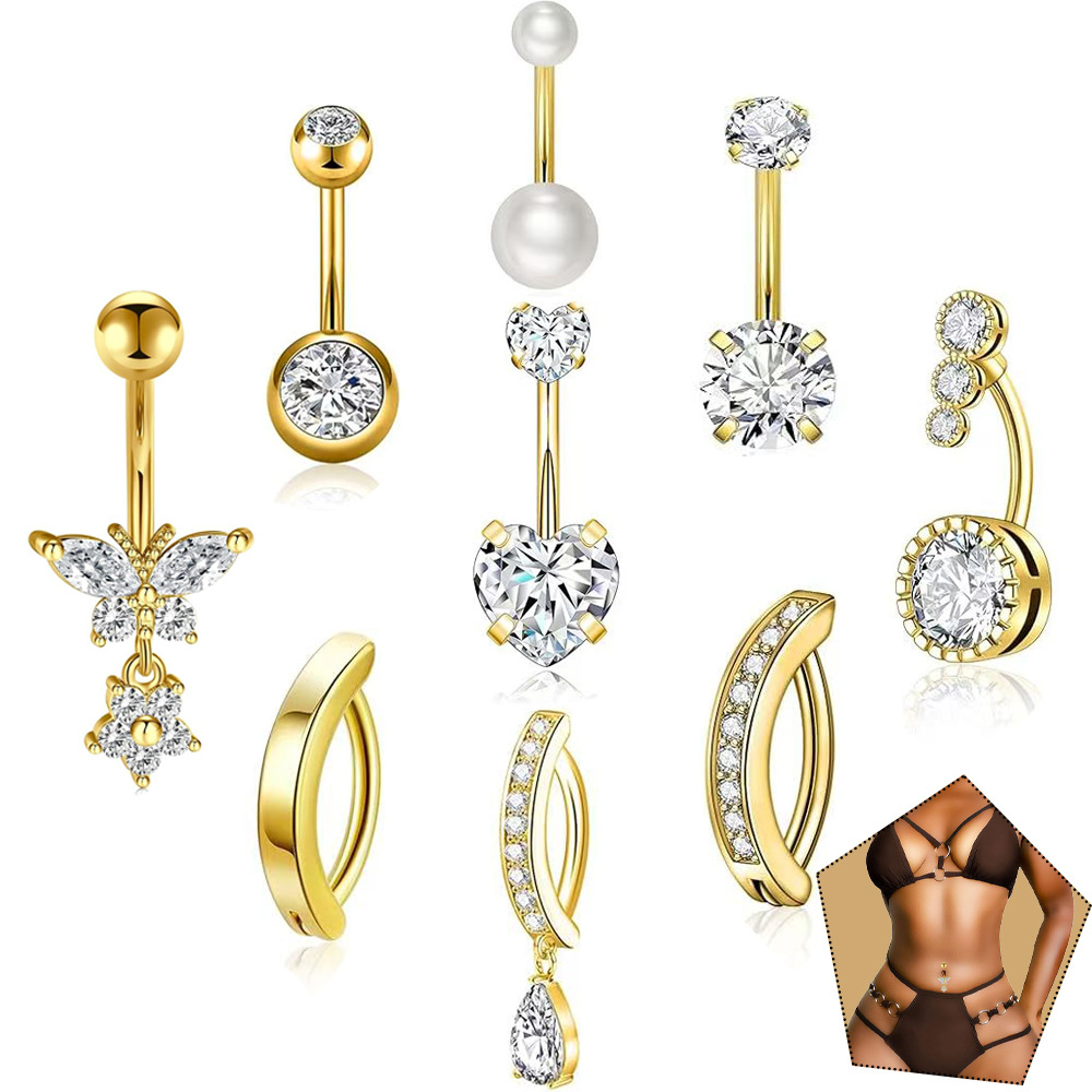 Zircon Butterfly Flower Belly Button Ring Set - Gold Plated Stainless Steel Navel Piercing Jewelry detail image 5