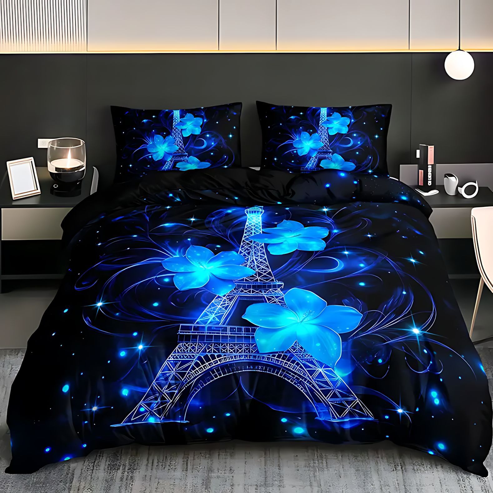 TEMU / JIT Transfronterizo Kit de edredón azul plateado flor torre Eiffel impresión digital HD ropa de cama