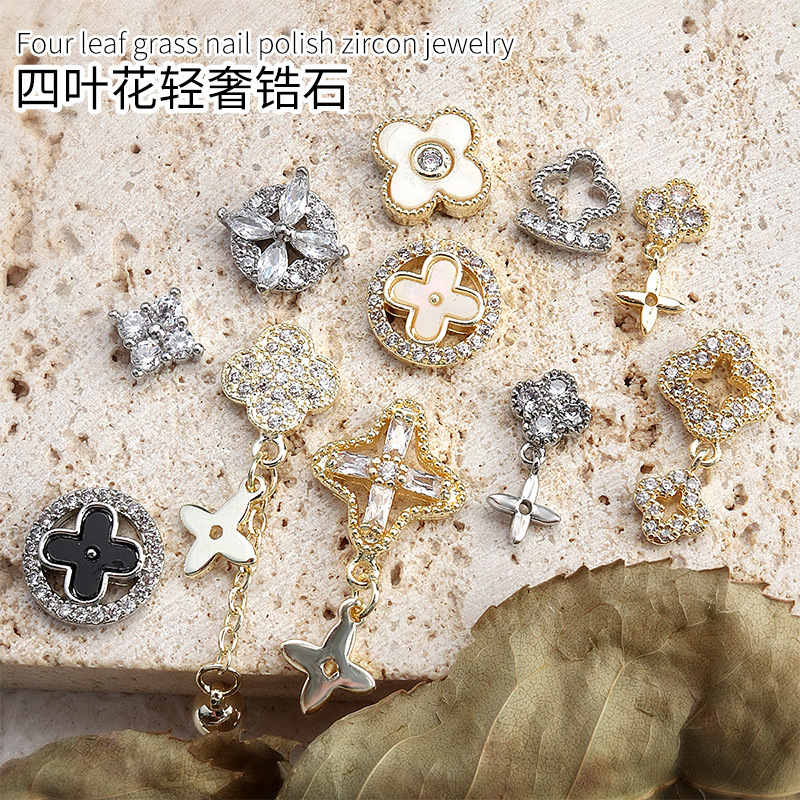 New Nail Art Jewelry Hot Sale Four-leaf Clover Nail Drill Light Luxury Zircon Diamond Super Flash White Diamond Tassel Pendant Wholesale