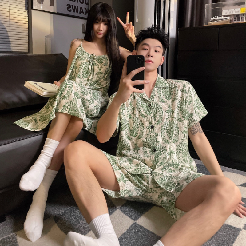 Buy One Get One Free Couple Pajamas Summer Cloud Cotton Short-Sleeved Thin Suspender Sin Style Men's and Women's Summer Home Wear Set