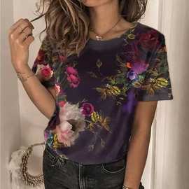 2023新款图片亚马逊速卖通单件上衣花朵印花休闲宽松圆领短袖T恤