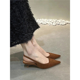 Lambskin! High-Heeled Toe-Toe Sandals for Women, Retro Brown Pointed Toe, Hollow Back Stiletto Heels, French Style Flats with Skirts