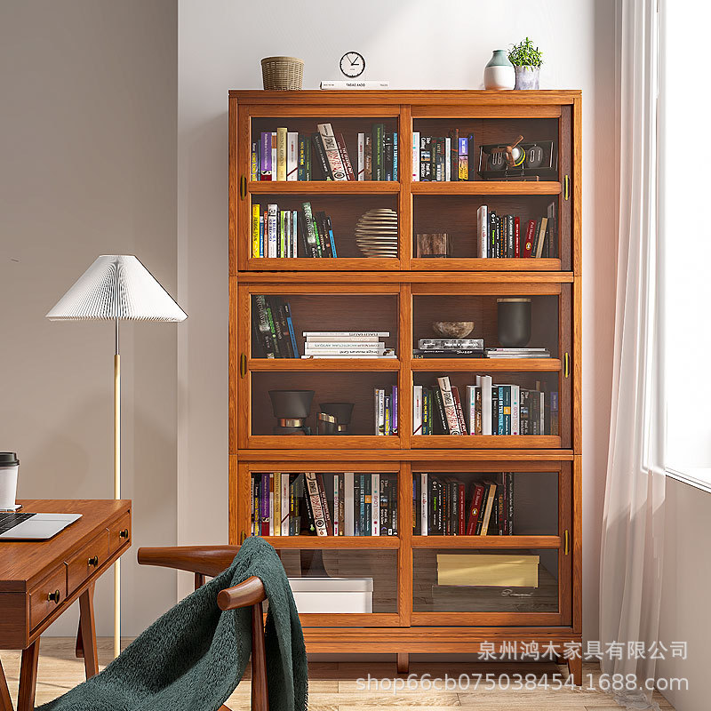 日式实木书柜家用客厅推拉门展示杂志柜多功能多层玻璃门收纳柜