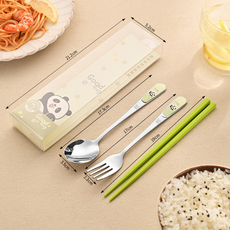 304ステンレス携帯食器かわいいアニメ子供食器学生箸スプーンフォーク食器3点セット|undefined