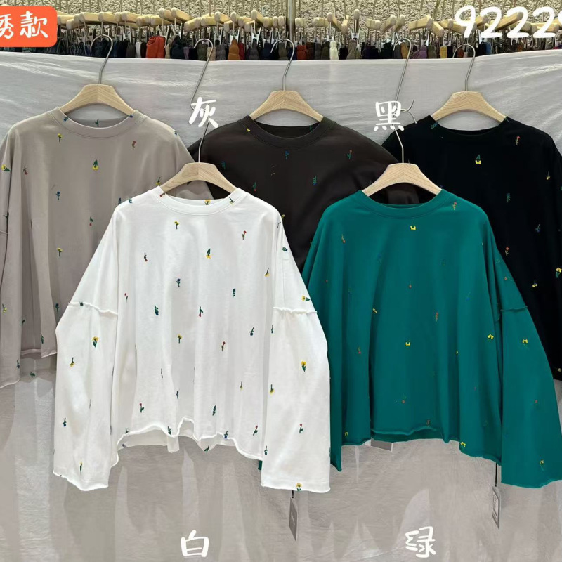 we2025秋季新款女圆领日系T恤宽松上衣套头内搭ins外贸打底衫刺绣|undefined