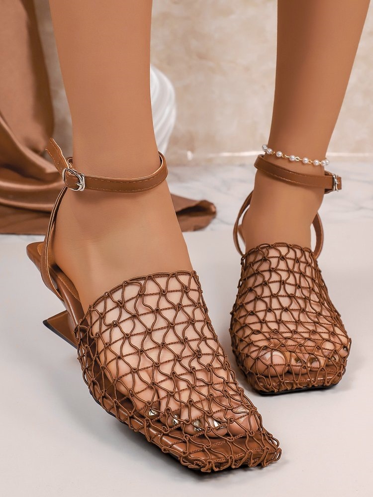 2026 New Brown Mesh Special-shaped Heel Sandals Square Head Buckle Low-heeled Women's Shoes_vogvips.com
