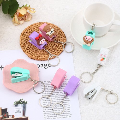 Cute cartoon mini stapler keychain macaron color student creative stapler convenient keychain pendant