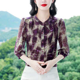 2025夏季新款减龄七分袖印花衬衫气质大码洋气女薄款真丝雪纺小衫