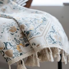 Imanqi Yun Vintage Print Fringe Full-Length Window Curtain Cotton Linen Half-Darkening Bay Window Directly from Factory Supply