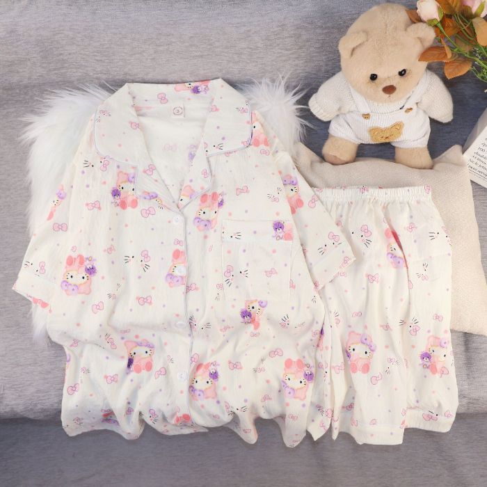 Pijamas de algodón nubes al por mayor transfronterizos de mujeres pantalones cortos de mangas cortas de verano nuevos cardigans con solapas de dibujos animados lindos cubiertas de ropa para el hogar