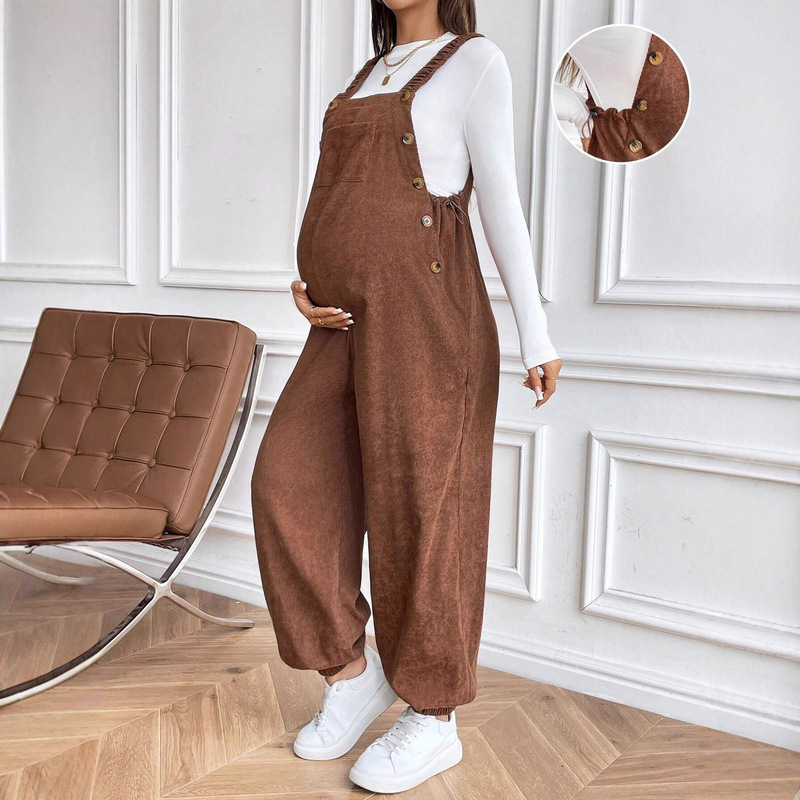 2025 Autumn/Winter Maternity Wear European and American Foreign Trade Maternity Pants with Adjustable Waist Fashion Loose Corduroy Overalls