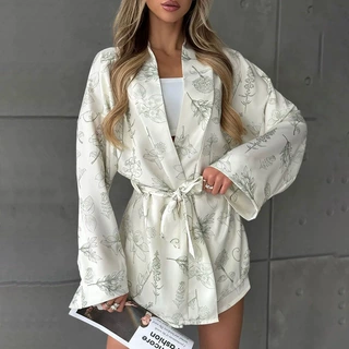 2025欧美印花宽松睡袍短裤睡衣女秋季两件套跨境女士家居服外穿