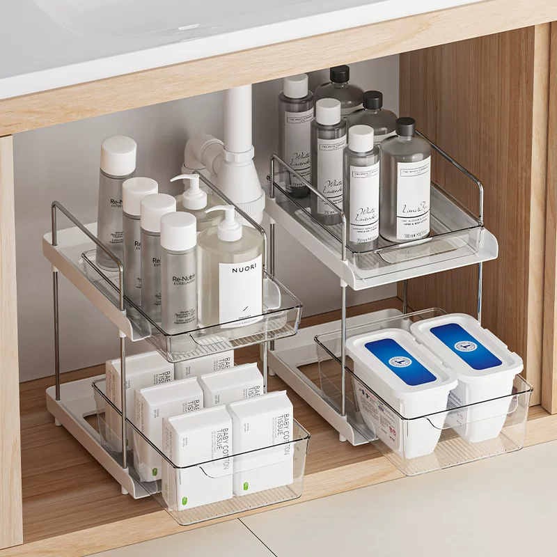 Kitchen bathroom sink under sink storage rack multi-functional floor-standing cosmetics pull-out double-layer desktop storage rack