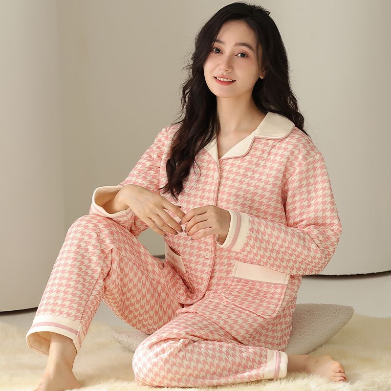 Nuevo pijama de algodón para mujeres otoño y invierno engrosado de mangas largas de aire algodón delgado intercalado de algodón grande conjunto de ropa para el hogar