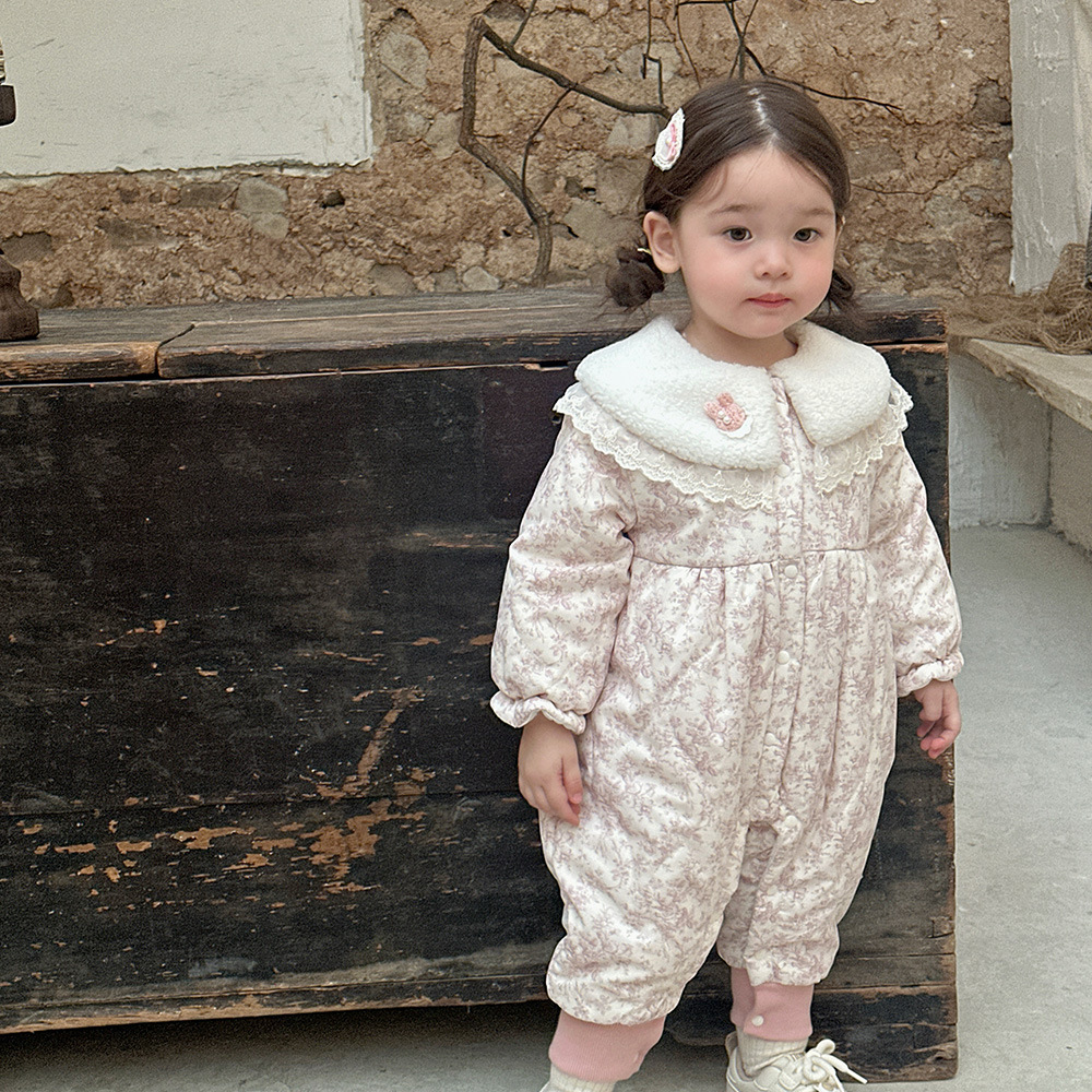 Otoño e invierno lindo y dulce bebé bebé bebé bebé cuello de bebé mamut chaqueta acolchada de algodón pequeña niña floral mono acolchado ropa exterior