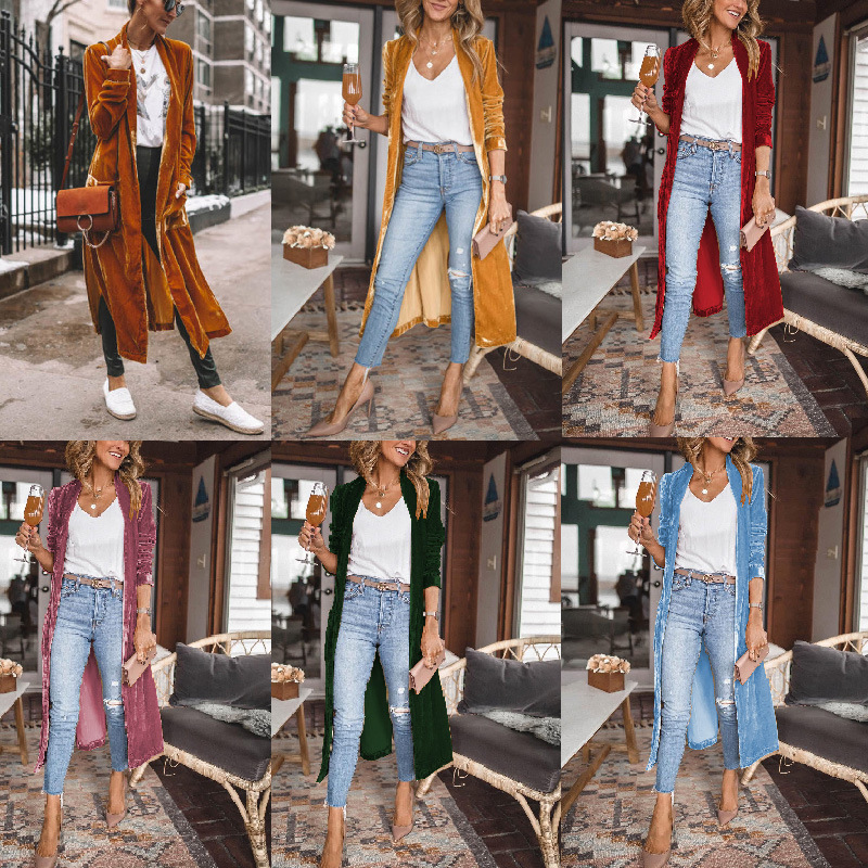 Russian cross-border Amazon 2024 European and American foreign trade autumn and winter loose gold velvet stretch long coat women's clothing