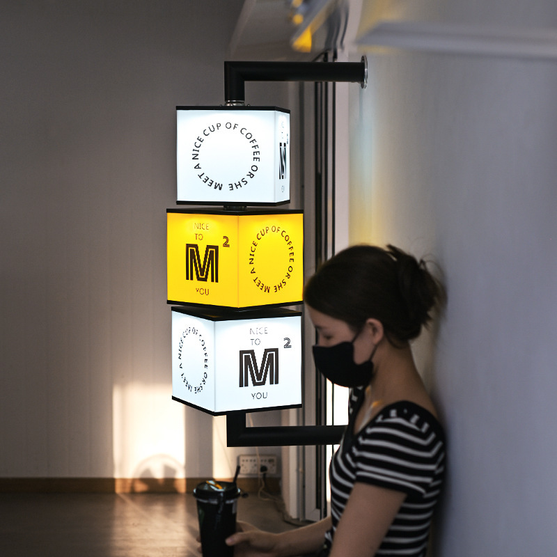 No estándar personalizado creativo red acrílico soporte giratorio caja de luz dinámica puerta colgante lateral cartel rodante