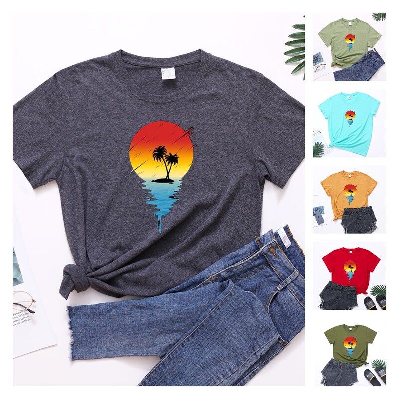 Spot 2023 European and American Sunset Beautiful Pattern Casual Women's Top Coconut Tree Printed Short Sleeve Women's T-Shirt