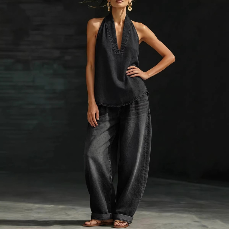 2026 Autumn New Women's Fashion European and American Style Suit with Turn-Down Collar, Vintage Buttoned Denim Top and Wide-Leg Jeans