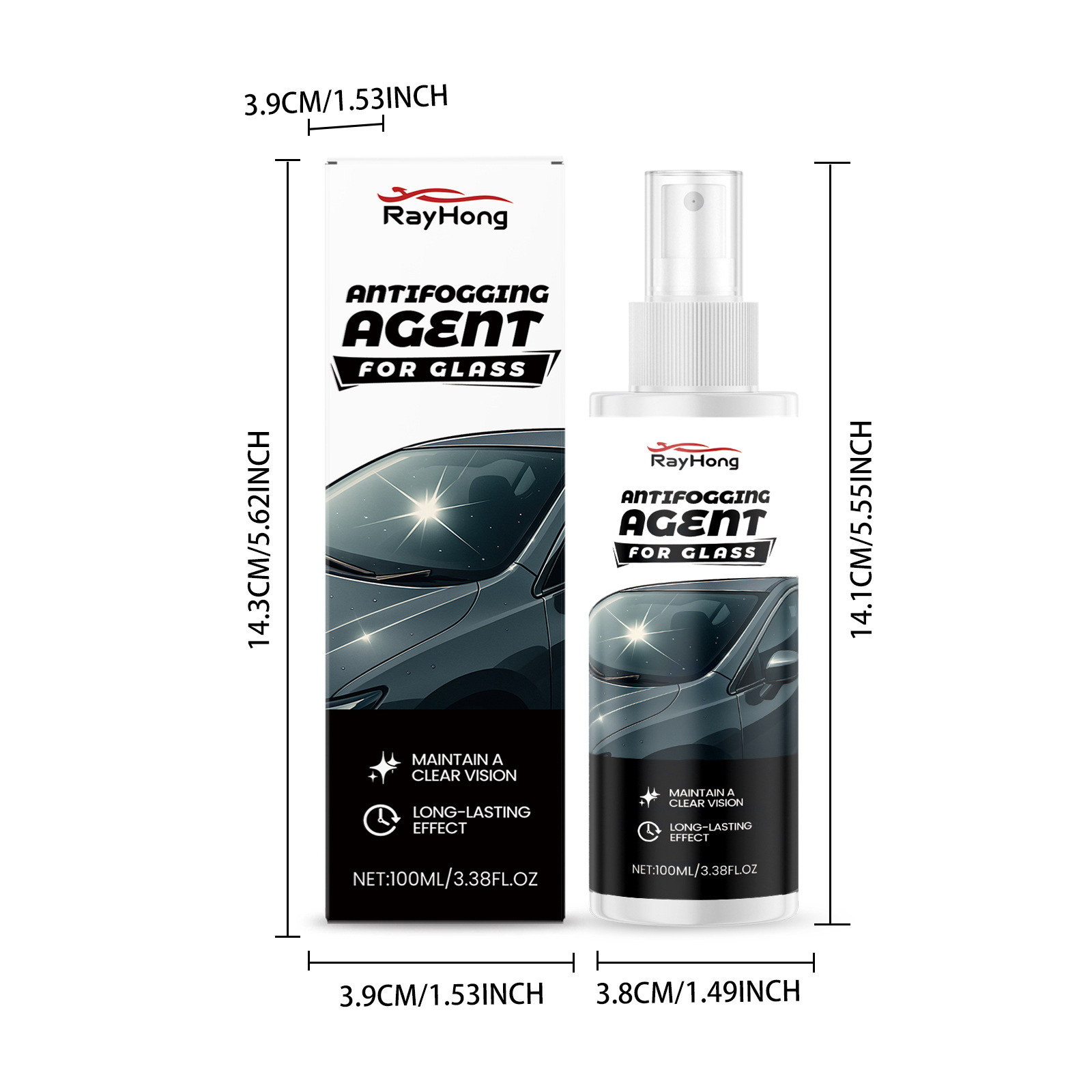 RAYHONG Car Glass Anti-Fog Agent: Cleans and defogges car windows and rearview mirrors, providing clear visibility in rainy weather
