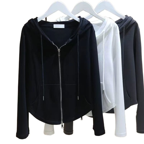 Zippered Hooded Sweatshirt Top for Women, White, Long-Sleeved, Autumn, Fitted, Slimming, Short-Sleeve, Drop-Shipped