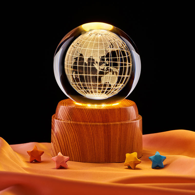 Cross-Border Temu Colored Light Crackle Crystal Ball Night Light 3D Interior Carving Luminous Desktop Ornament with Wooden Base Gift