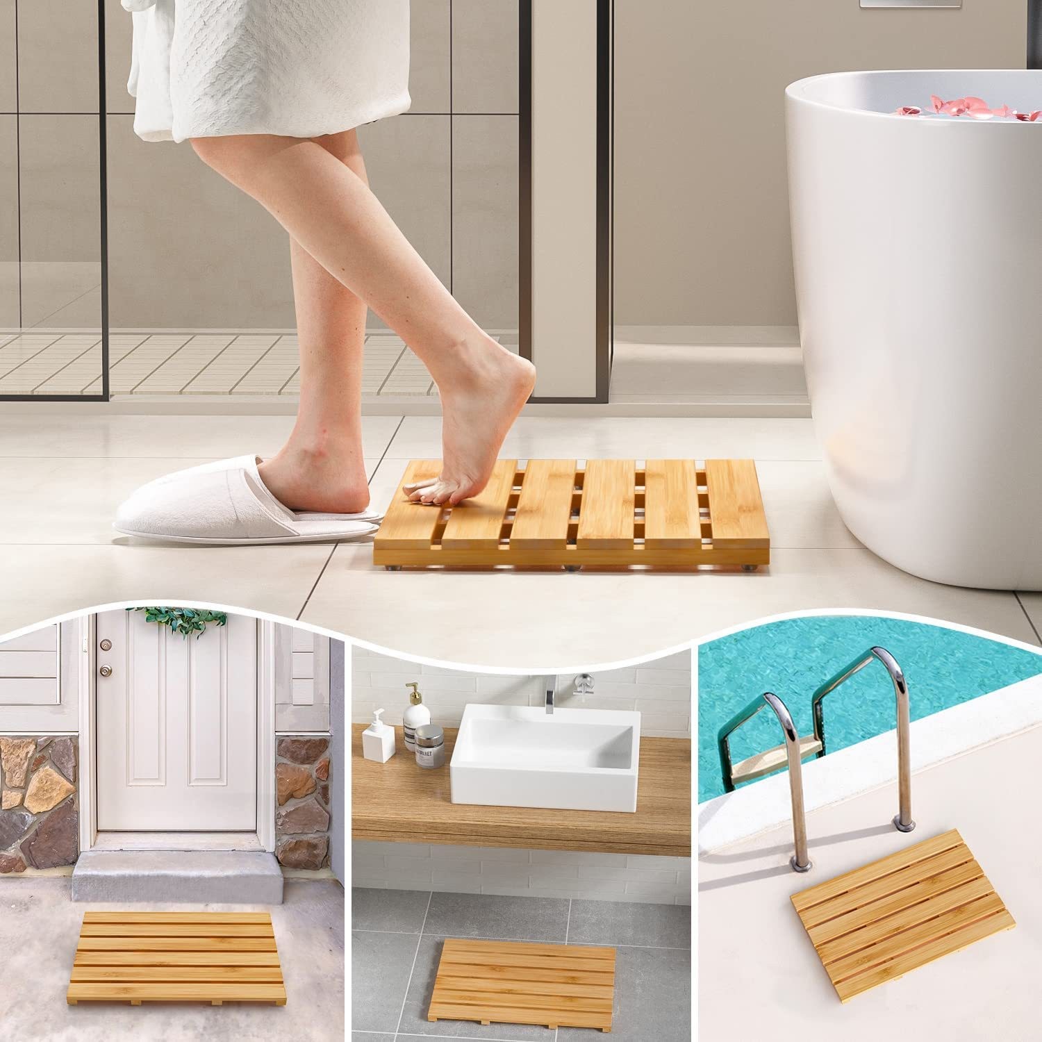Alfombrilla antideslizante para baño de bambú, alfombrilla para baño, alfombrilla para baño, pedal impermeable, alfombrilla para baño