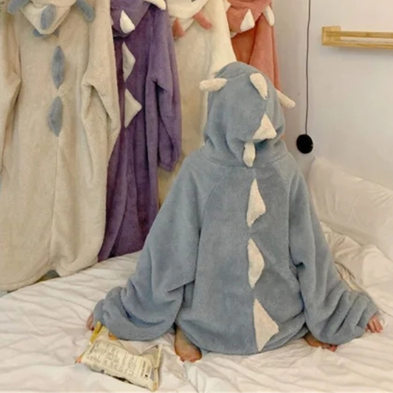 Dinosaur pajamas women's bathrobe autumn and winter cute cartoon coral fleece thickened long nightgown flannel home wear Women