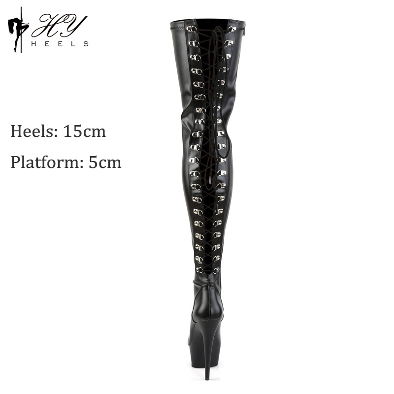 Boot nữ cao gót 15cm cổ cao quá đầu gối đế dày — Màu đen