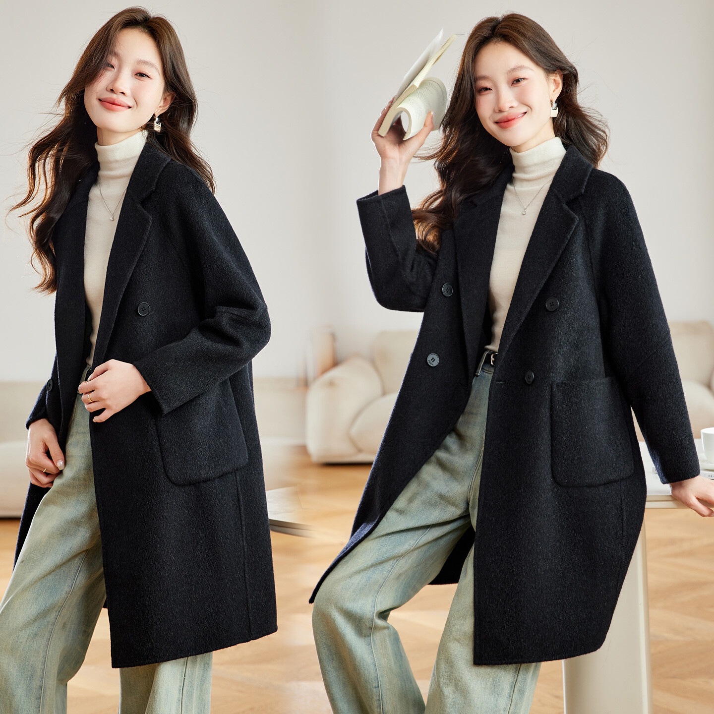 Light and Sophisticated Style Simple Black Double-Sided Woolen Outwear for Women 2025 Autumn and Winter New Style Suit Collar Woolen Outwear