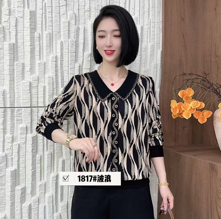 一件代发妈妈装2025春秋新款娃娃领印花长袖T恤女上衣百搭打底衫|undefined