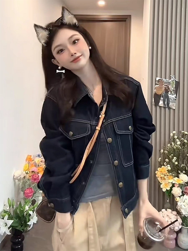 韩版时尚休闲翻领牛仔外套女秋季港风复古百搭洋气减龄夹克上衣潮|undefined