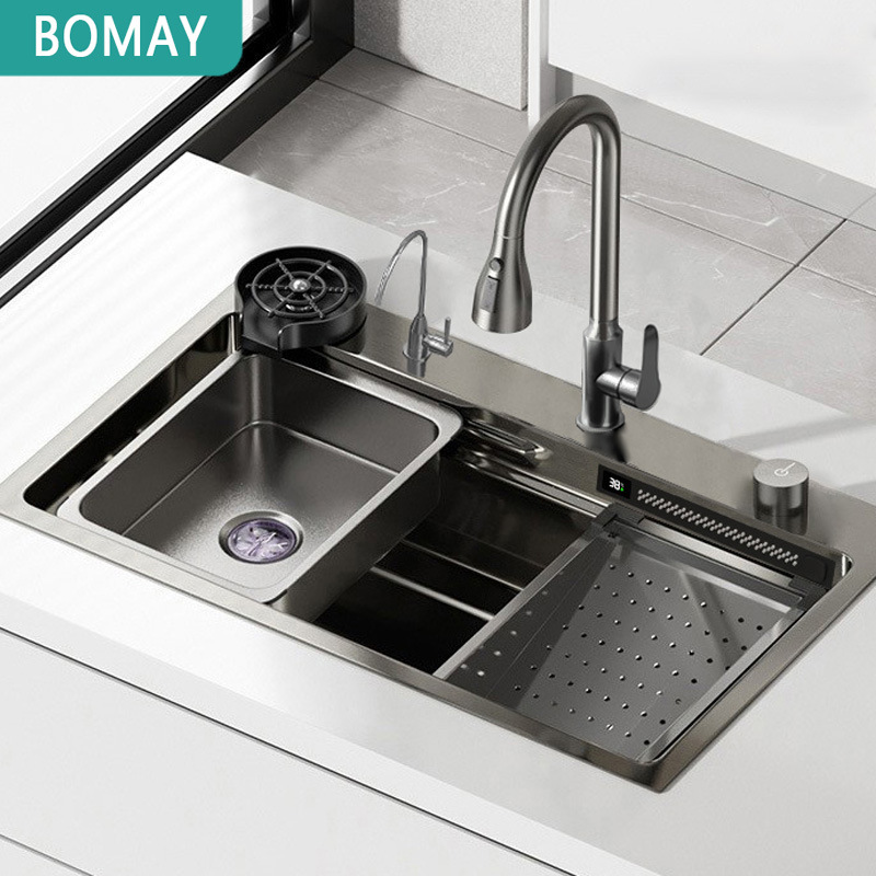 Black digital display flying rain large single basin stainless steel sink 304 nanometer multifunctional floating rain vegetable washing basin 