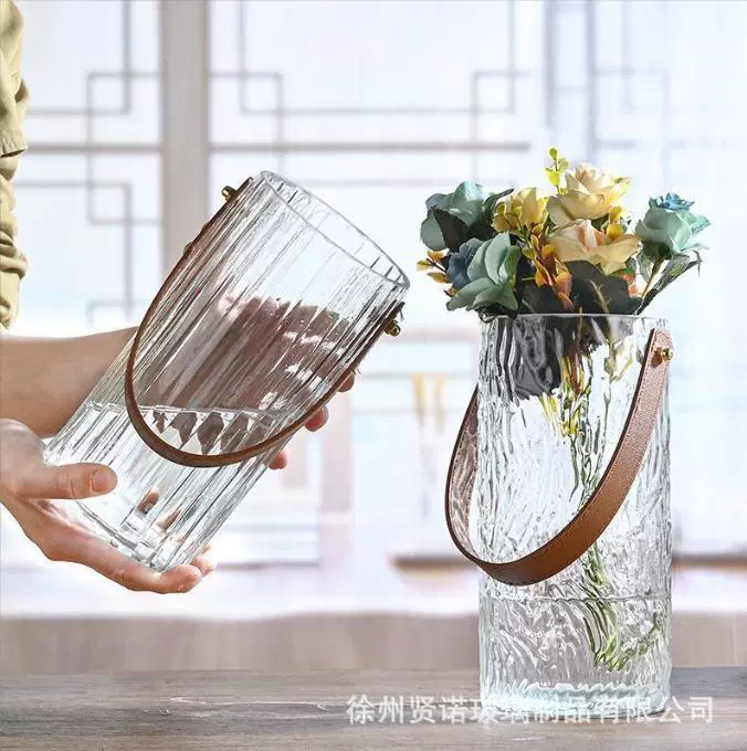 北欧ins皮革手提花瓶玻璃花瓶水培鲜花百合玫瑰客厅餐桌装饰摆件