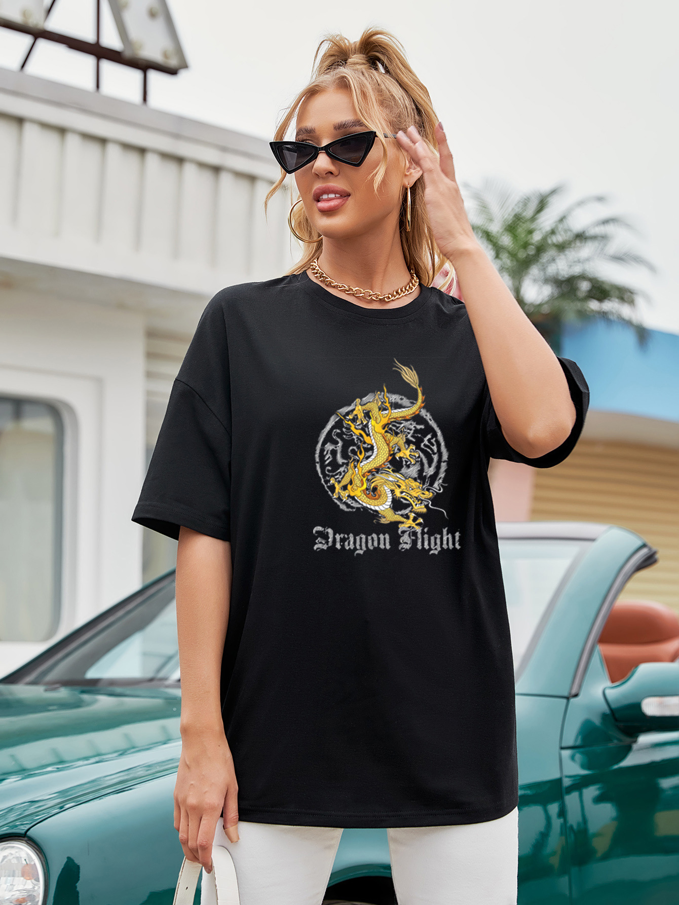 women s Dragon Letter Printing Loose Short Sleeve T-shirt nihaostyles clothing wholesale NSGMX77855