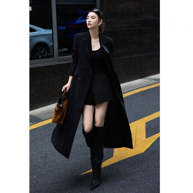 欧美风高定秋冬女装黑色时尚大气西装领风衣赫本气质百搭长款外套