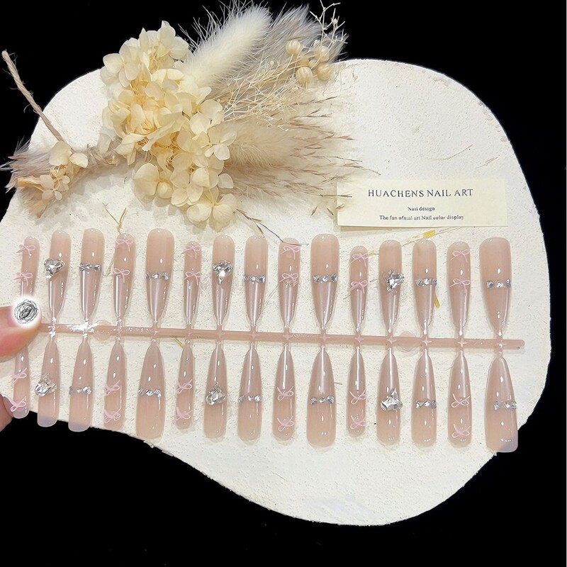 【Luxurious and Glamorous】4.0 Slim Dog Long Pointed Cat Eye Bow Pink Manicure Pre-Made Nails Wholesale Factory 【Luxurious and Glamorous】4.0 Slim Dog Long Pointed Cat Eye Bow Pink Manicure Pre-Made Nails Wholesale Factory