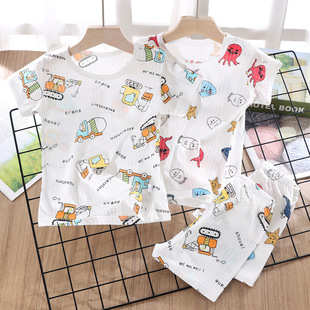 Children's Pajamas Set Short-sleeved Home Clothes Baby Air-conditioning Clothes Small and Medium-sized Boys and Girls Summer Clothes Thin Slub Cotton