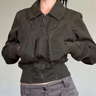 New European and American Style Slimming Zipper Jacket Woven Coat Cross-Border Women's Waist-Cinching Slim Pocket Retro Workwear Top
