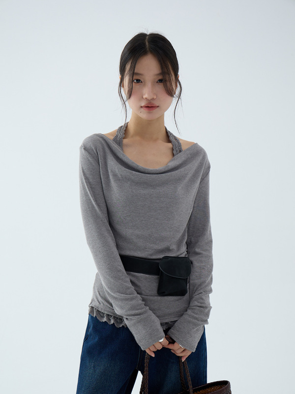 【欧凡】纯欲风荡领蕾丝挂脖假两件长袖T恤女25秋季别致上衣3140|undefined