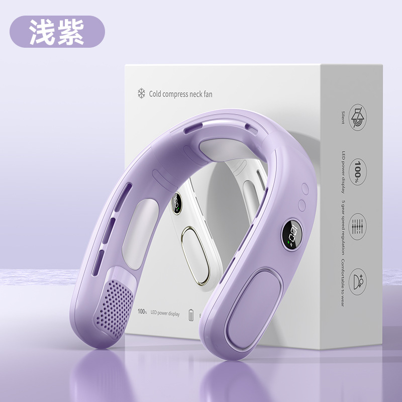 Nuevo ventilador de cuello colgante sin hojas transfronterizo usb mini pantalla digital de carga portátil ventilador de refrigeración de tres lados al aire libre
